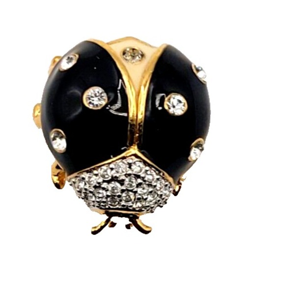JOAN RIVERS SMALL BLACK ENAMEL LADYBUG‎ RHINESTONE CRYSTAL BROOCH PIN SIGNED - Picture 1 of 5